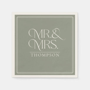 Simple  Mr & Mrs Green Moss Ecru Wedding Paper Napkin