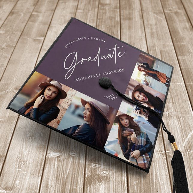 Simple multi photo modern elegant script purple graduation cap topper (Creator Uploaded)