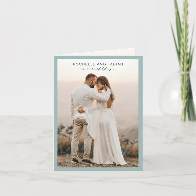 Simple Muted Blue Photo Elegant Wedding Thank You Card (Front)