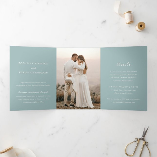Simple Muted Blue Photo Elegant Wedding Tri-Fold Invitation (Inside)