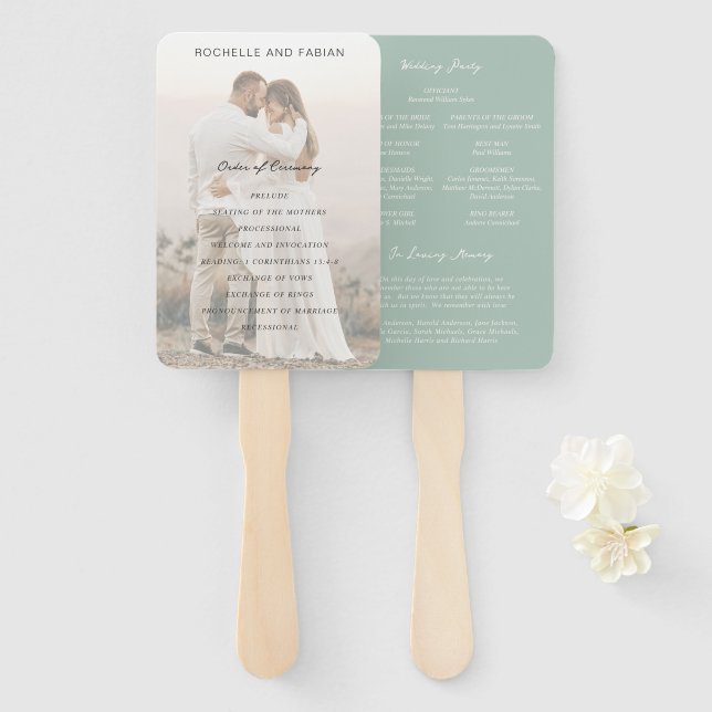 Simple Muted Green Elegant Wedding Program Hand Fan (Front and Back)