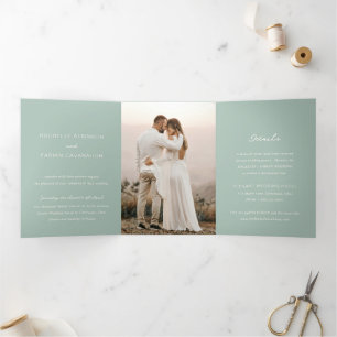 Simple Muted Green Photo Elegant Wedding Tri-Fold Invitation