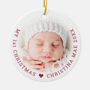 Simple My 1st Christmas Red Script Joy Photo Ceramic Ornament