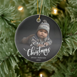 Simple My First Christmas Calligraphy Script Photo Ceramic Ornament