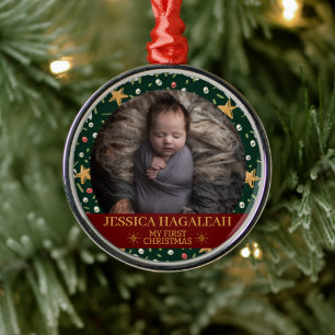 Simple My First Christmas Personalized Baby Photo Metal Ornament