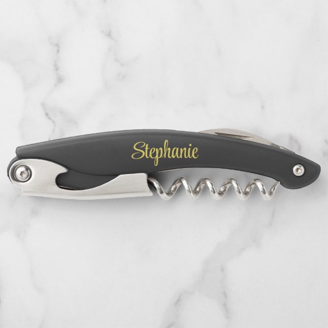 Simple Name Monogram Black Custom Corkscrew (Front)