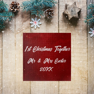  Simple Name Year Couple 1st Christmas Crimson  Jigsaw Puzzle