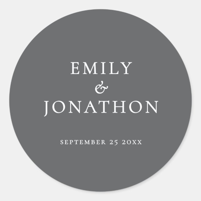 Simple Names Date White on Grey Wedding Classic Round Sticker (Front)