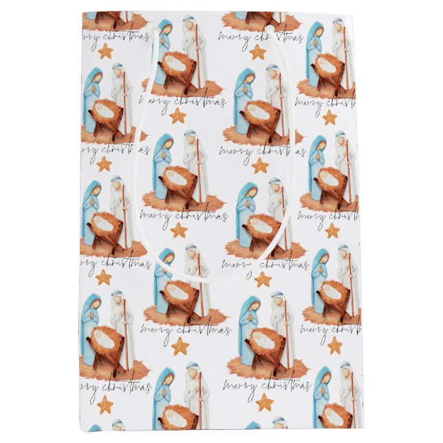 Simple Nativity Pattern Script Merry Christmas Medium Gift Bag (Front)