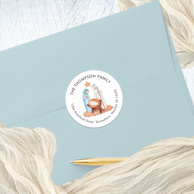 Simple Nativity Scene Return Name Address Classic Round Sticker (Mary Joseph baby Jesus Nativity Scene All is Calm Return Name and Address Round Sticker)