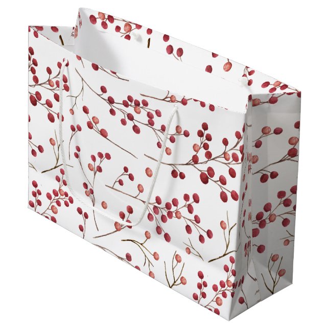 Simple Natural Red Berry Watercolor Christmas Large Gift Bag (Front Angled)