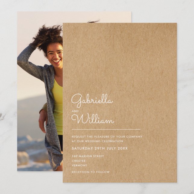 Simple Natural Script Rustic Kraft Photo Wedding Invitation (Front/Back)