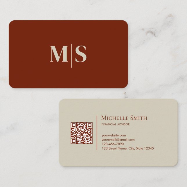 Simple Natural Terracotta Beige Initials QR Code Business Card (Front/Back)