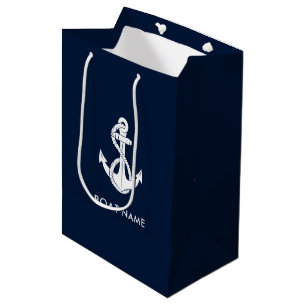 Simple Nautical Anchor Boat Name Navy Blue Medium Gift Bag