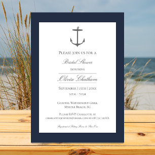 Simple Nautical Anchor Bridal Shower   Navy Blue Invitation