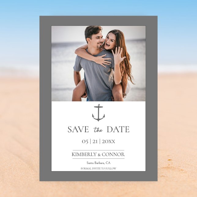 Simple Nautical Anchor Photo Save the Date | Grey (Gray Simple Nautical Anchor Photo Save the Date)