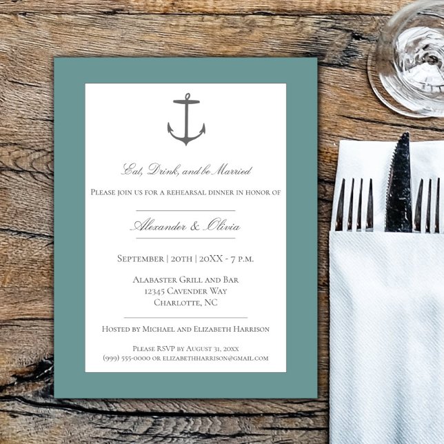 Simple Nautical Anchor Rehearsal Dinner | Teal Invitation (Teal Simple Nautical Anchor Rehearsal Dinner Invitation)