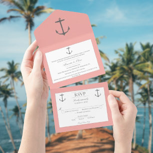 Simple Nautical Anchor Wedding   Coral All In One Invitation