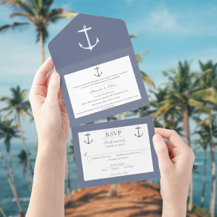 Simple Nautical Anchor Wedding   Dusty Blue All In One Invitation
