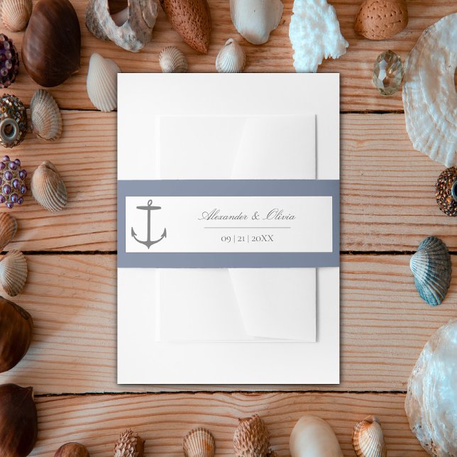 Simple Nautical Anchor Wedding | Dusty Blue Invitation Belly Band (Dusty Blue Simple Nautical Anchor Wedding Invitation Belly Band)