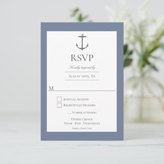 Simple Nautical Anchor Wedding | Dusty Blue RSVP Card (Standing Front)