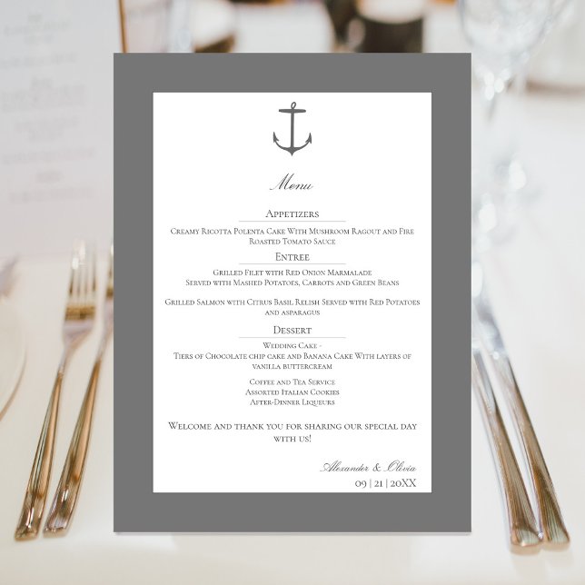 Simple Nautical Anchor Wedding | Grey Menu (Gray Simple Nautical Anchor Wedding Menu)