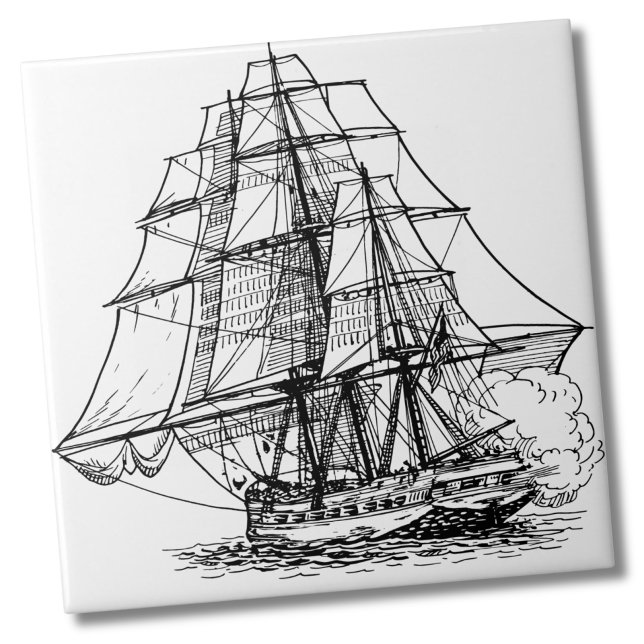 Simple Nautical Boat Pirate Ship Tile (Simple Black White Nautical Sail Boat Pirate Ship Ceramic Tile)