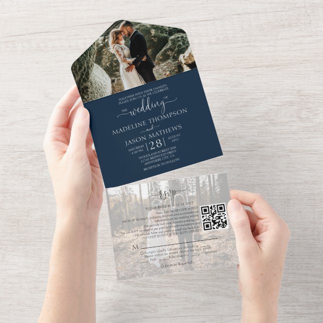 Simple Navy Blue 2 Photo QR Code RSVP Wedding All In One Invitation (Tearaway)