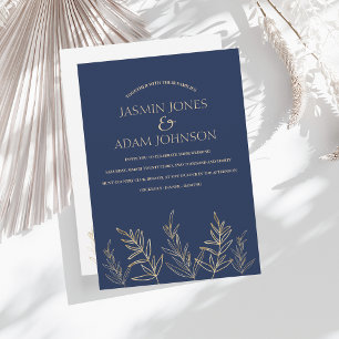 Simple Navy Blue and Gold Leaves Wedding Invitation