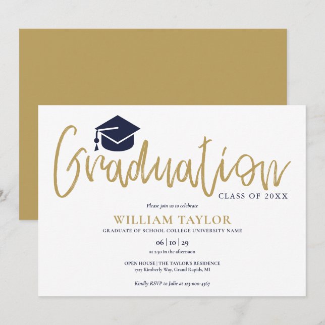 Simple Navy Blue And Gold Script Graduation Party Invitation (Front/Back)