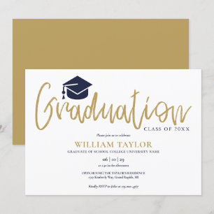 Simple Navy Blue And Gold Script Graduation Party Invitation