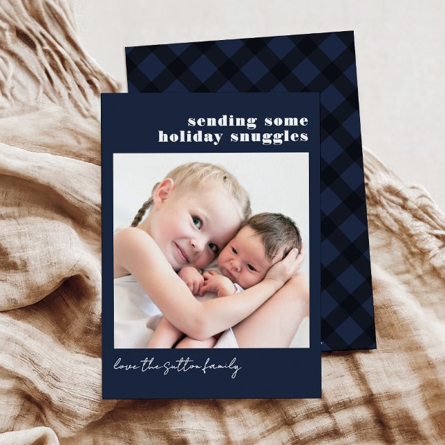 Simple Navy Blue and Plaid Sending Some Snuggles Holiday Card (Creator Uploaded)