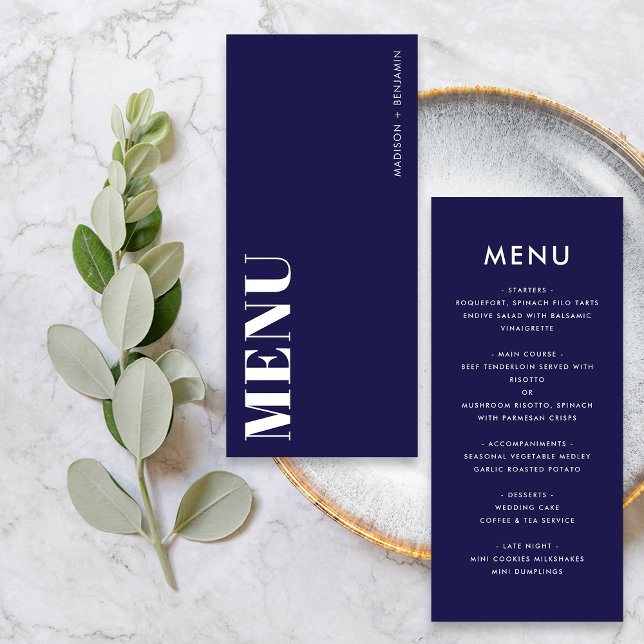 Simple Navy Blue and White Bold Modern Wedding Menu (Front / Back)