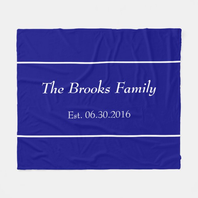 Simple Navy Blue and White Family Name Date Est. Fleece Blanket (Front (Horizontal))