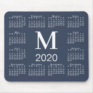 Simple Navy Blue and White Monogram 2020 Calendar Mouse Pad