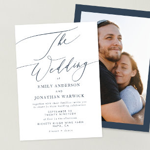 Simple Navy Blue and white photo overlay wedding Invitation