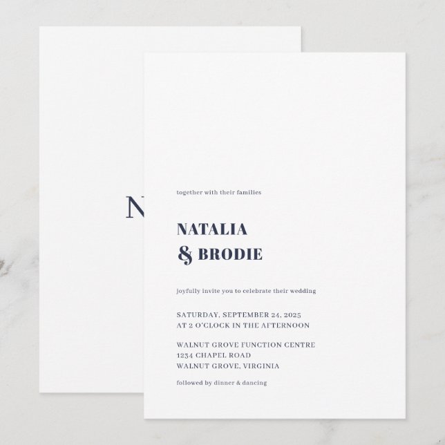 Simple NAVY BLUE and White Wedding Invitation (Front/Back)