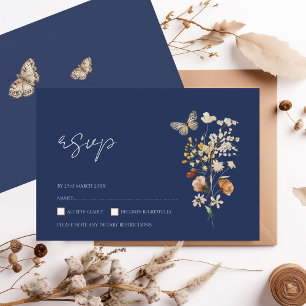Simple Navy Blue Autumn Fall Wildflowers Wedding RSVP Card