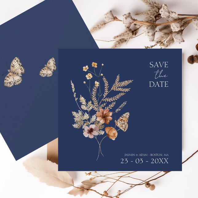 Simple Navy Blue Autumn Fall Wildflowers Wedding Save The Date (Creator Uploaded)