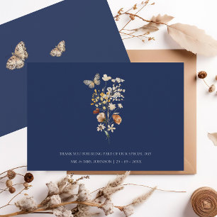 Simple Navy Blue Autumn Fall Wildflowers Wedding Thank You Card