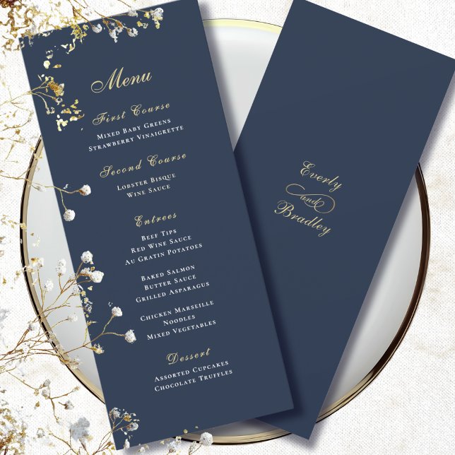 Simple Navy Blue Background Gold White Script Menu Invitation (Creator Uploaded)