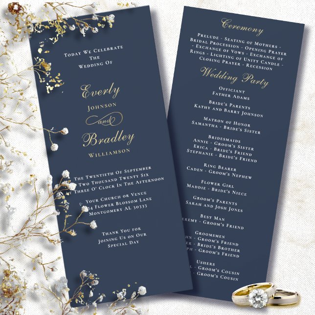 Simple Navy Blue Background Gold White Wedding Invitation (Creator Uploaded)