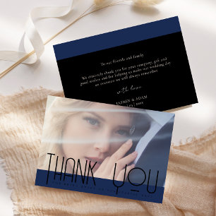 Simple Navy Blue Black Photo Wedding  Thank You Card