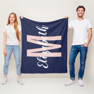 Simple Navy Blue Blush Pink Hand Script Monogram Fleece Blanket