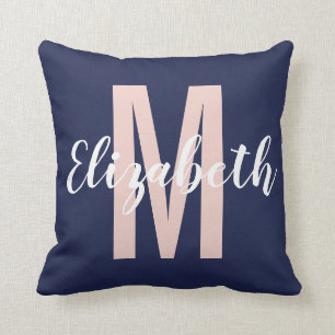 Simple Navy Blue Blush Pink Hand Script Monogram Throw Pillow