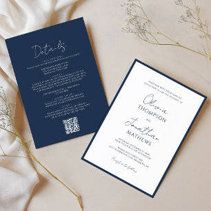 Simple Navy Blue Border Script QR Code Wedding Invitation