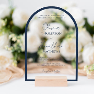 Simple Navy Blue Border Script Wedding Arch Acrylic Invitations
