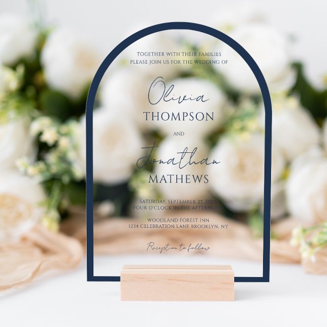 Simple Navy Blue Border Script Wedding Arch Acrylic Invitations (Creator Uploaded)