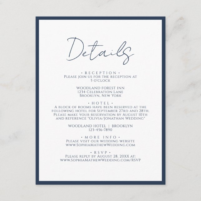 Simple Navy Blue Border Script Wedding Details Enclosure Card (Front)