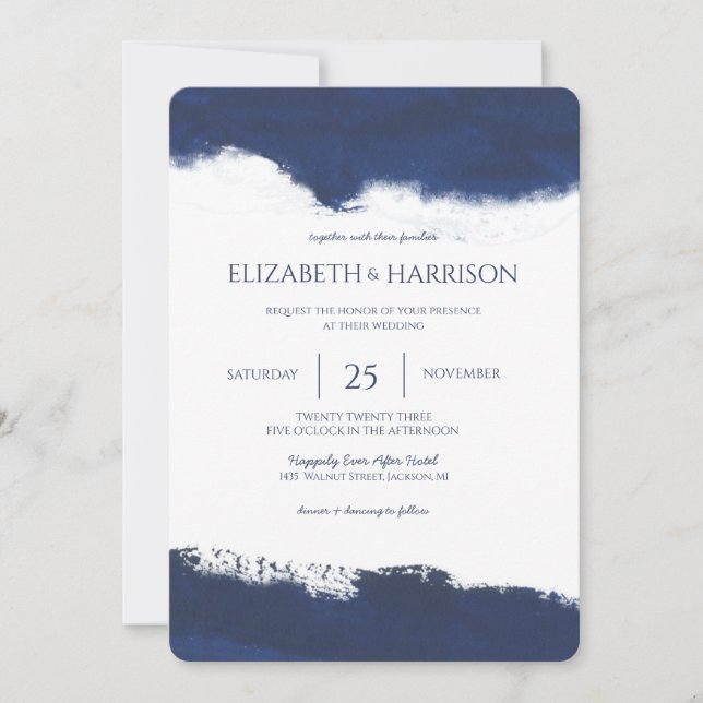 Simple Navy Blue Brush Stroke Watercolor Wedding Invitation (Front)